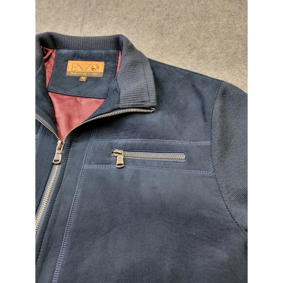 Enzo Tovare Coat Mens Medium Blue Faux Suede Elbow Patches Bomber Jacket - Picture 4 of 14